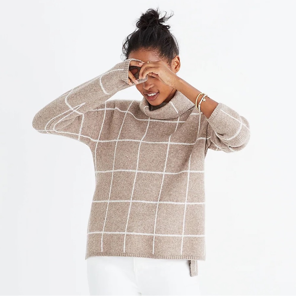 Madewell Windowpane Turtleneck Sweater Tan/Taupe, Sz XXL